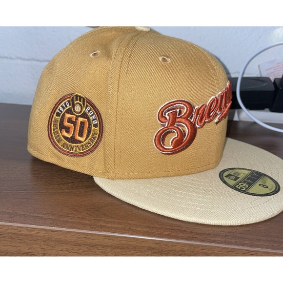 Men's New Era Kahki Milwaukee Brewers 50th Anniversary Side Patch 59FIFTY Fitted - Picture 3 of 4